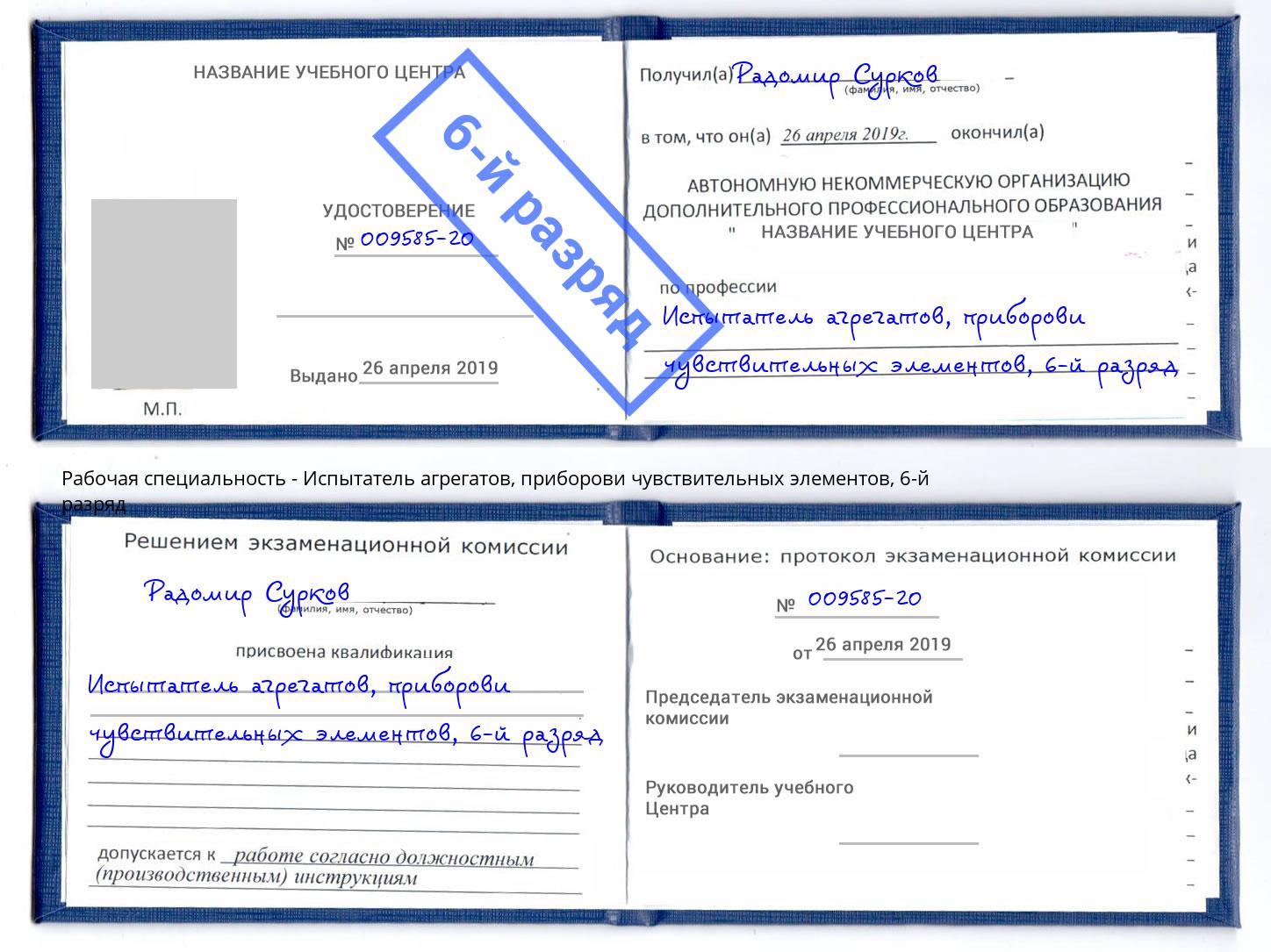 корочка 6-й разряд Испытатель агрегатов, приборови чувствительных элементов Талнах