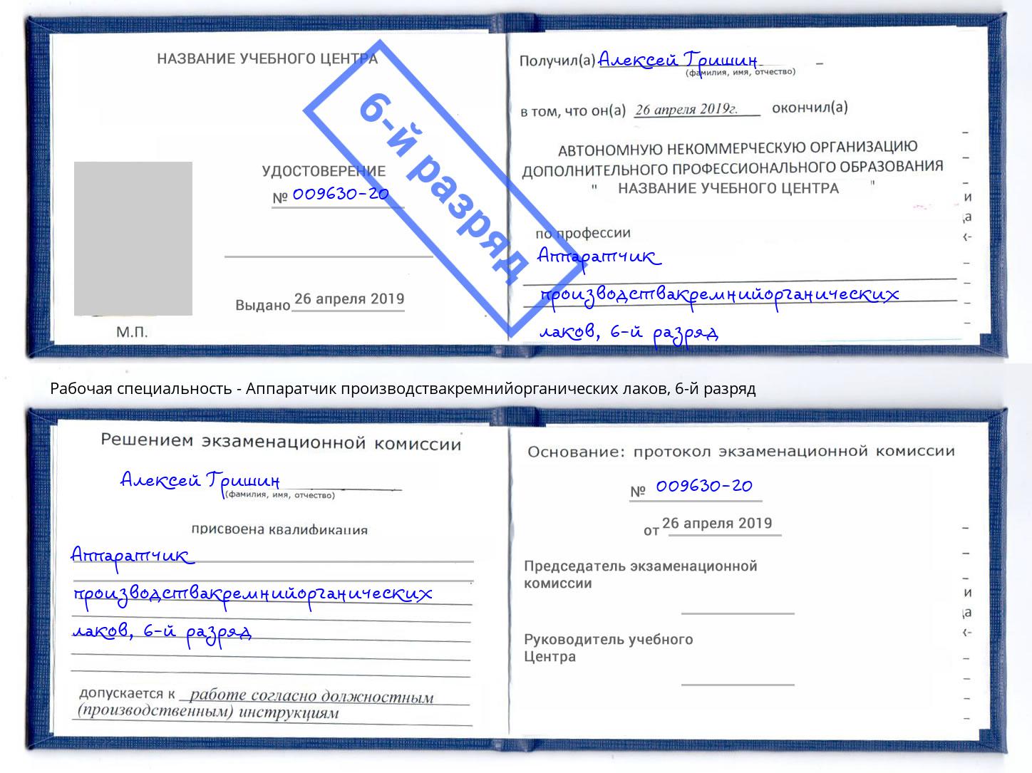 корочка 6-й разряд Аппаратчик производствакремнийорганических лаков Талнах